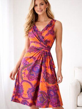 Lauren Ralph Lauren Paisley Wrap Dress Orange Pink Sleeveless Size 6